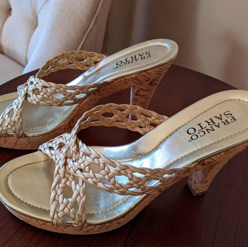Franco Sarto gold braided with cork heels